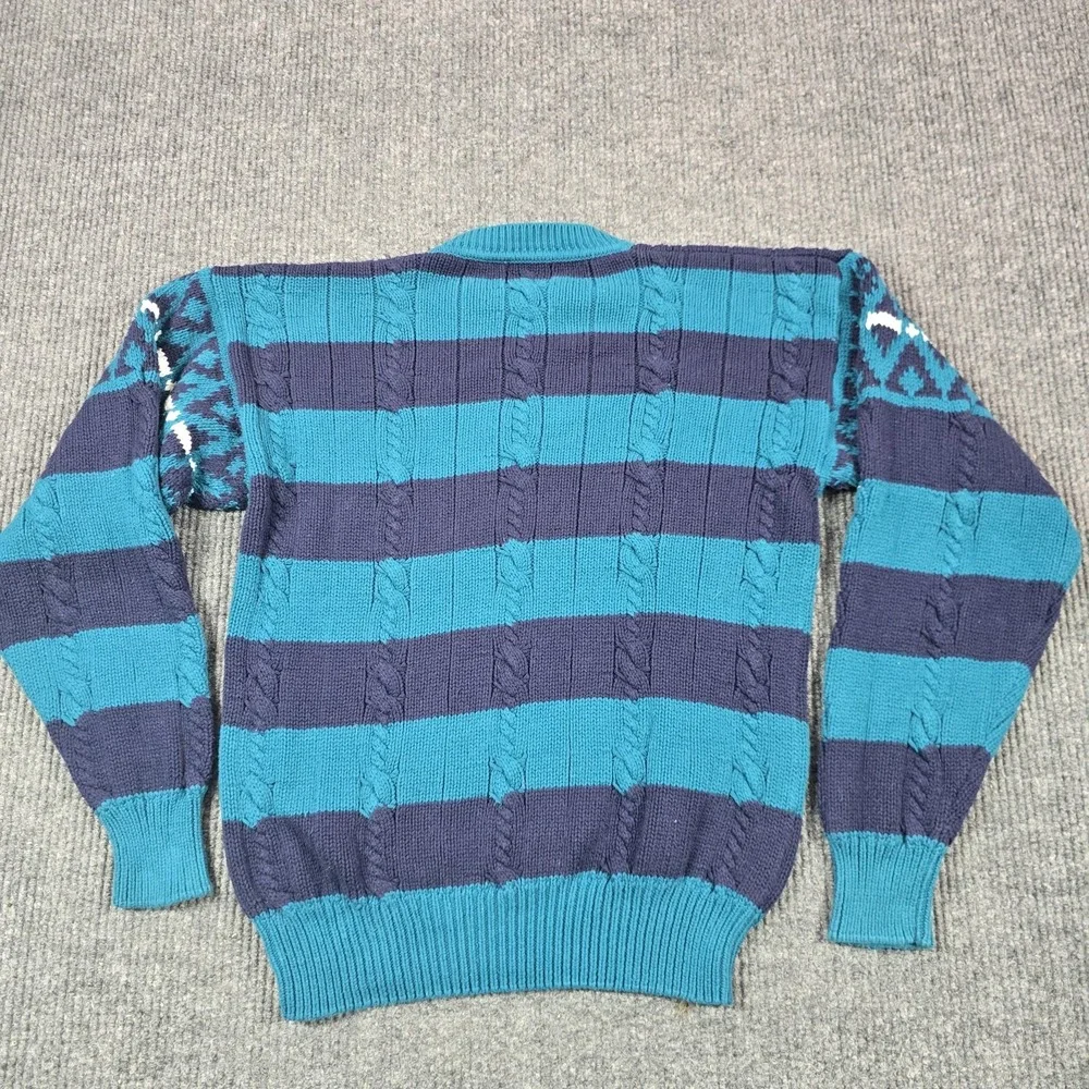 Cape Isle Knitters Sweater Mens Large Blue‎ Cable Knit Stripe Cotton Pullover